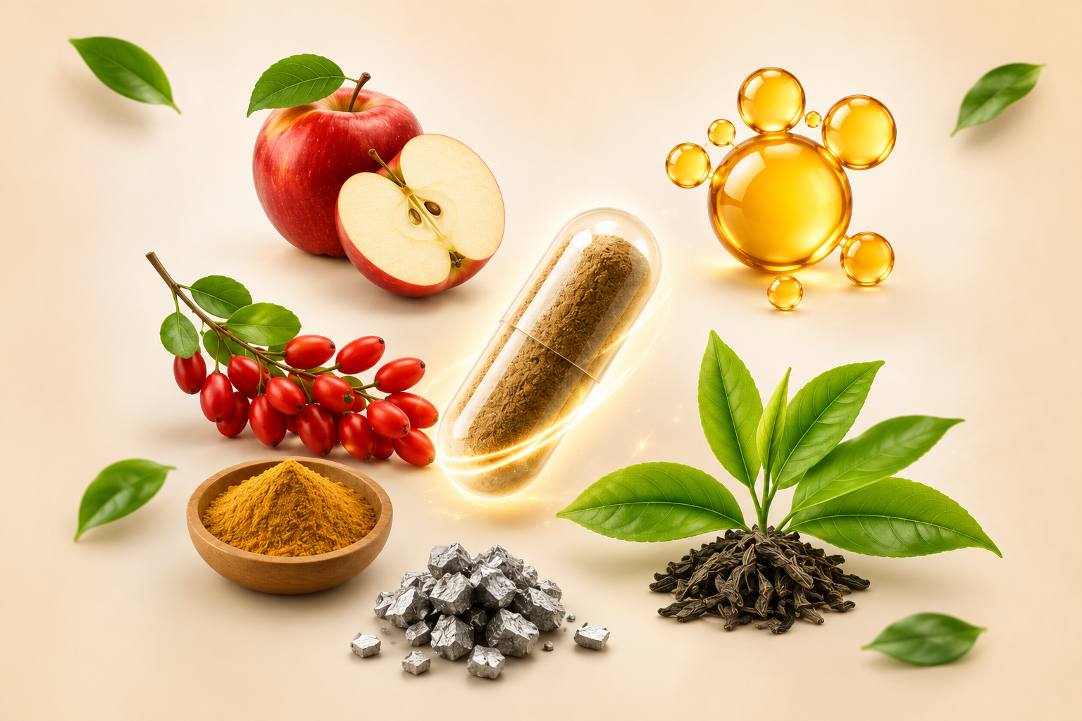 Natürliche Inhaltsstoffe von Vitaslimex: Apfel, Beeren, pflanzliche Öle, Grüntee, Chrom