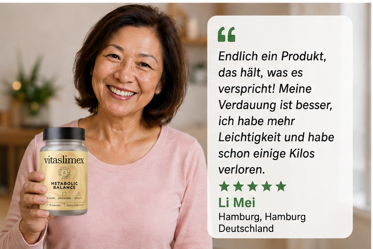 Li Mei aus Hamburg mit Vitaslimex: „Endlich ein Produkt, das hält, was es verspricht! Meine Verdauung ist besser, ich habe mehr Leichtigkeit und habe schon einige Kilos verloren.“
