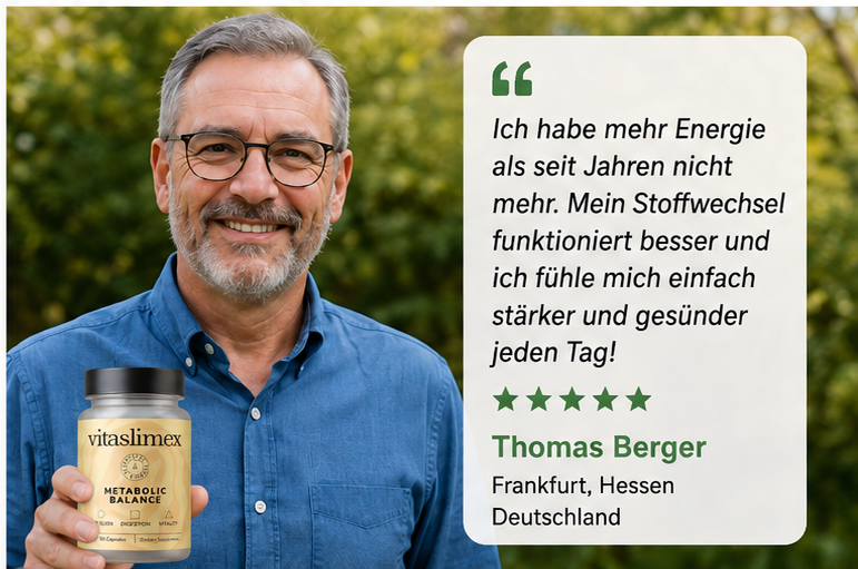 Thomas Berger aus Frankfurt mit Vitaslimex: „Ich habe mehr Energie als seit Jahren nicht mehr. Mein Stoffwechsel funktioniert besser und ich fühle mich einfach stärker und gesünder jeden Tag.“